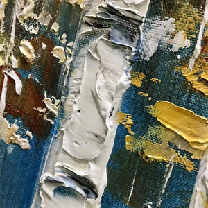 Golden Birch Grove painting close-up: prominent impasto texture on white trunks, golden-yellow foliage, blue background.