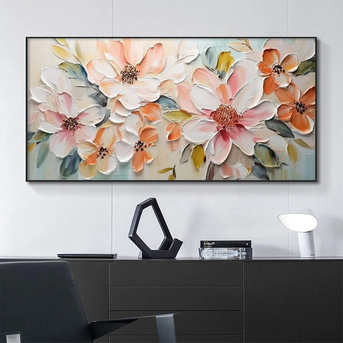 PEACH BLOSSOM: Textured Impasto Floral Painting in Peach and White