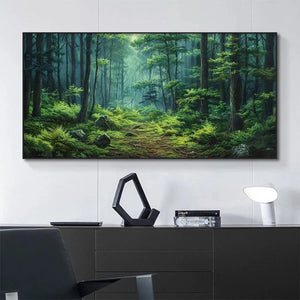Liam O'Connell's "Forest Path" painting showcasing a sunlit green forest trail with moss and rocks, displayed on a wall.