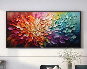 RAINBOW PETALS: Willow Davies impasto floral painting, vibrant rainbow, dimensional texture, horizontal artwork.