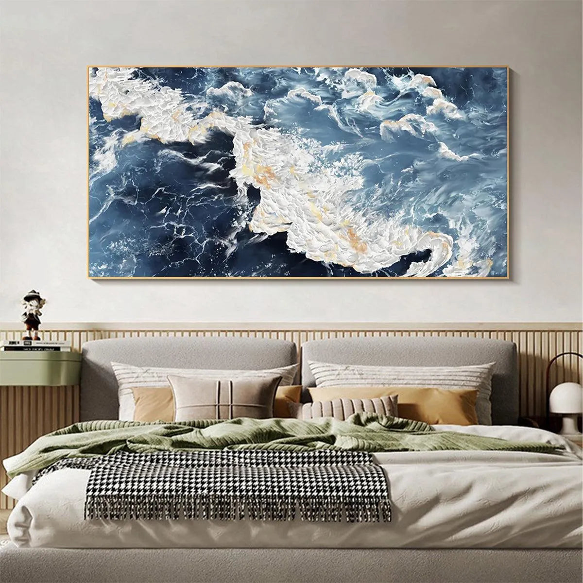 AZURE WHISPERS: Panoramic Abstract Ocean Painting in Blue and Gold