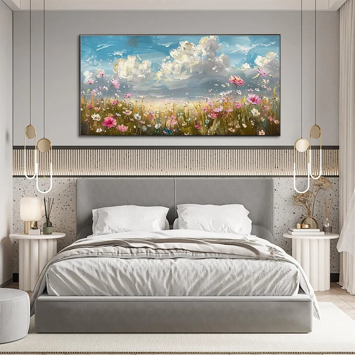 COSMOS FIELD: Textured Floral Landscape Painting, Impasto Wall Art, Horizontal Canvas, Wildflower Decor