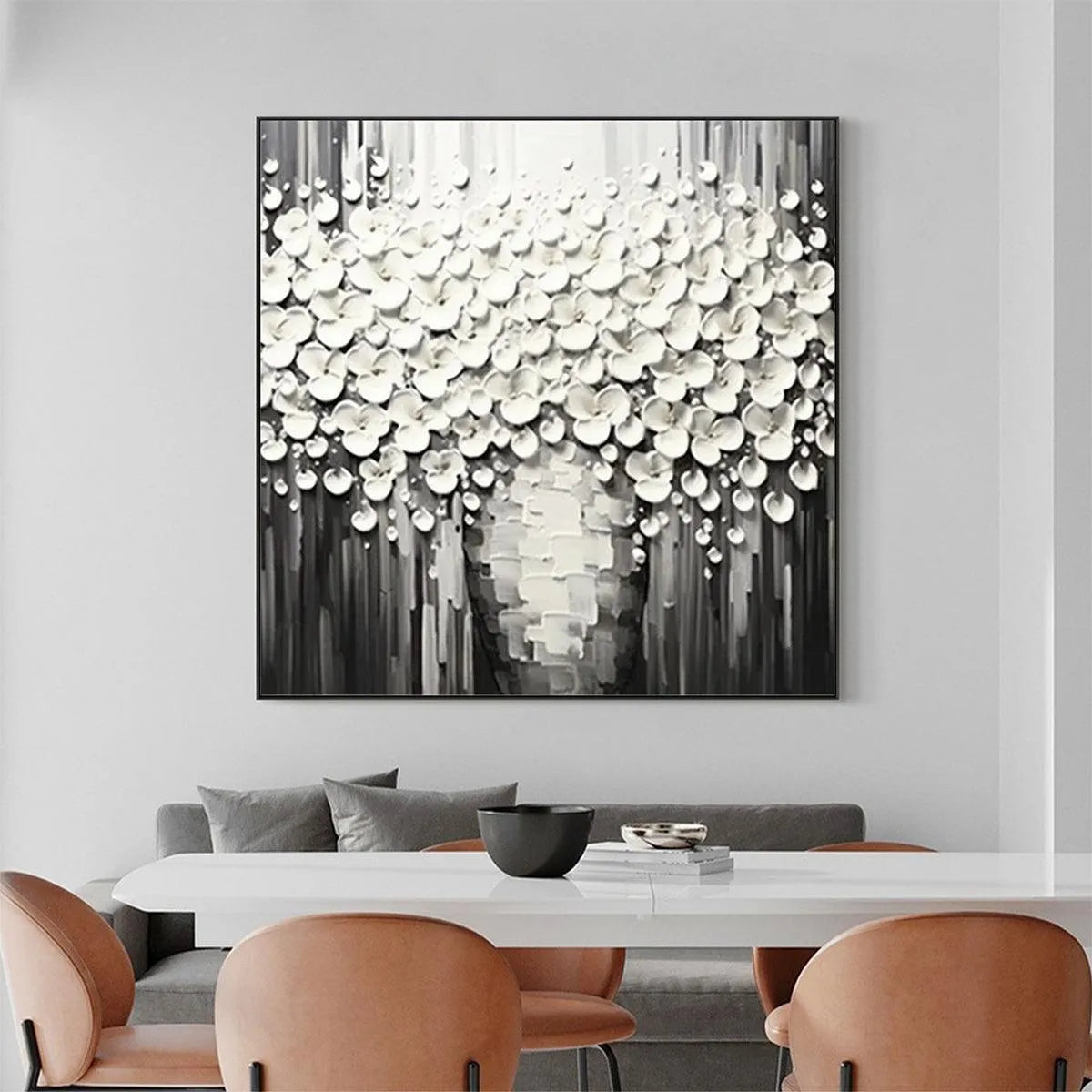 WHITE BOUQUET: Textured White Floral Painting on Grey Background