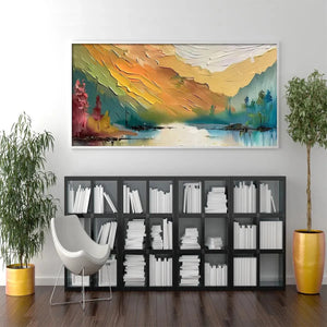Isabella Rossi's 'Autumn Valley' impasto landscape above a modern bookshelf.