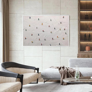 Javier Ramirez's SKI SLOPES: Minimalist skiers on snowy landscape painting, white framed. Modern art.
