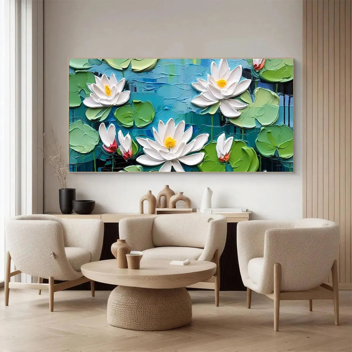 SERENE LOTUS POND: Textured Impasto Water Lilies Painting, Horizontal Wall Art