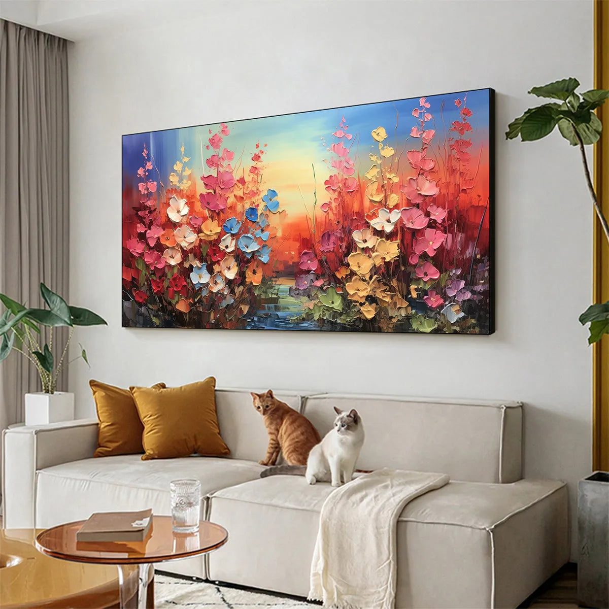 BLOOMING MEADOW: Panoramic Floral Landscape Painting, Impasto Flowers, Colorful, Living Room, Bedroom, Dining Room