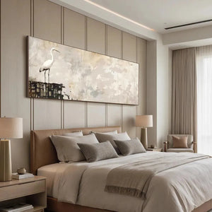 White Heron Panoramic wall art displayed above a bed in a modern bedroom setting.