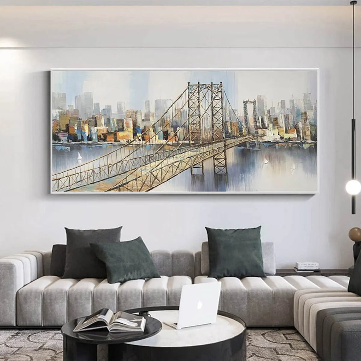 Urban Connectivity: Panoramic Cityscape Oil Painting with Bridge