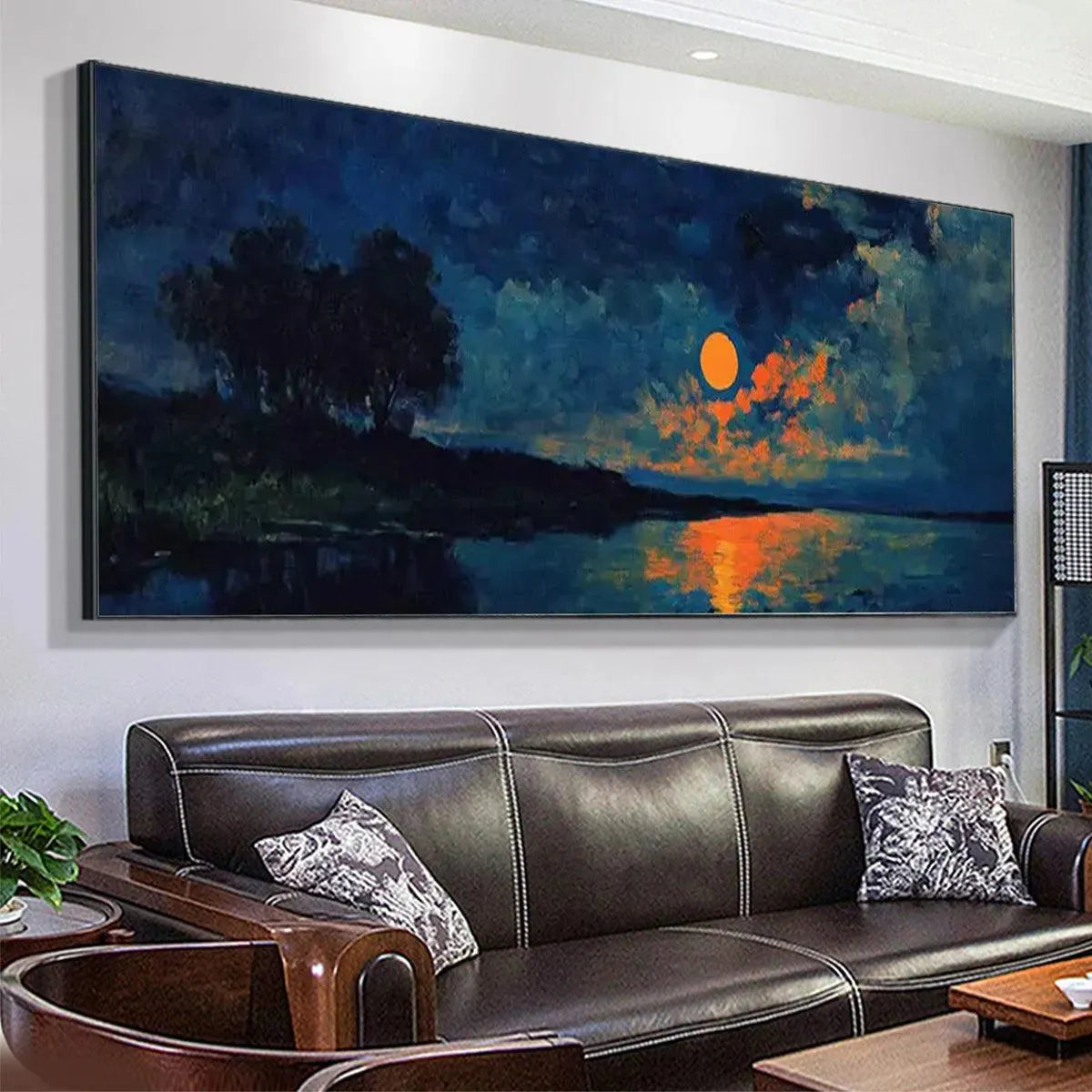 Orange Moon Lake Oil Painting | Panoramic Wall Art