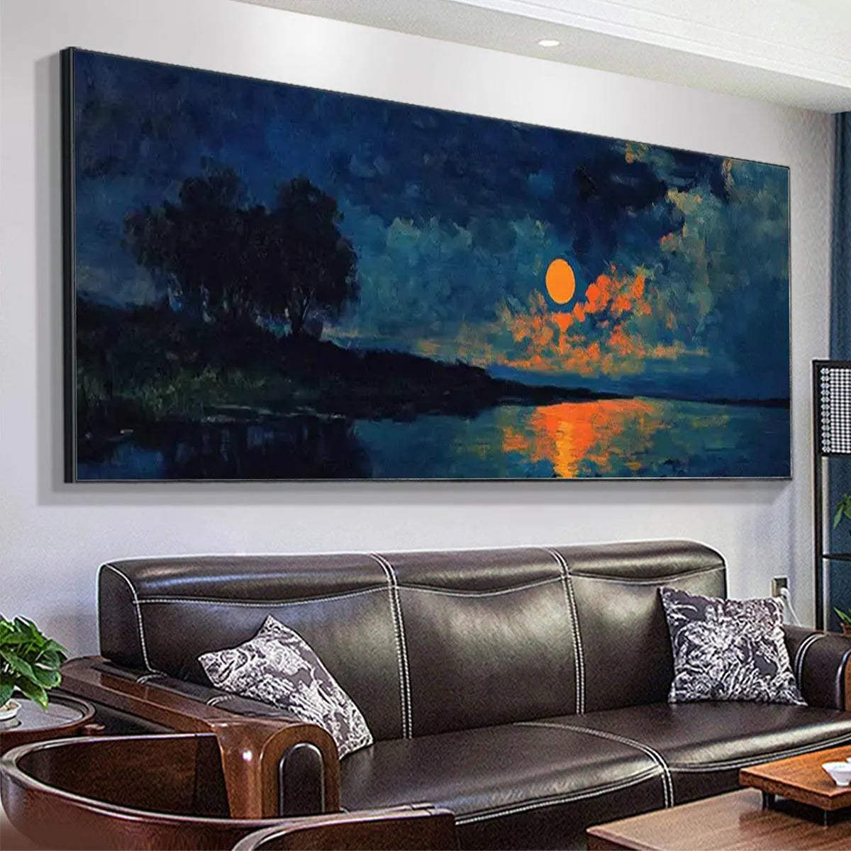 HARVEST MOON OVER THE LAKE PANORAMIC: Landscape Painting, Panoramic Wall Art, Moonlit Lake Decor