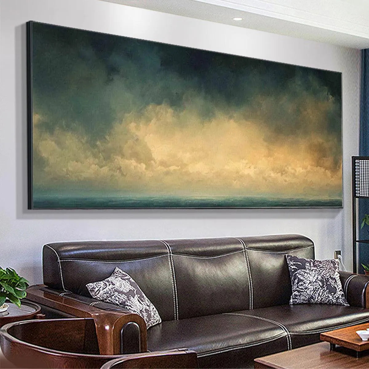 GOLDEN CLOUDS PANORAMIC: Seascape Painting, Panoramic Wall Art, Coastal Decor