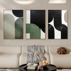 ARCHES TRIPTYCH: textured abstract art set of 3 with minimalist arches in green, black and white, displayed above sofa.