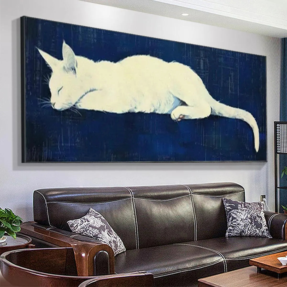 SLEEPING WHITE CAT PANORAMIC: Cat Painting, Panoramic Wall Art, Pet Portrait