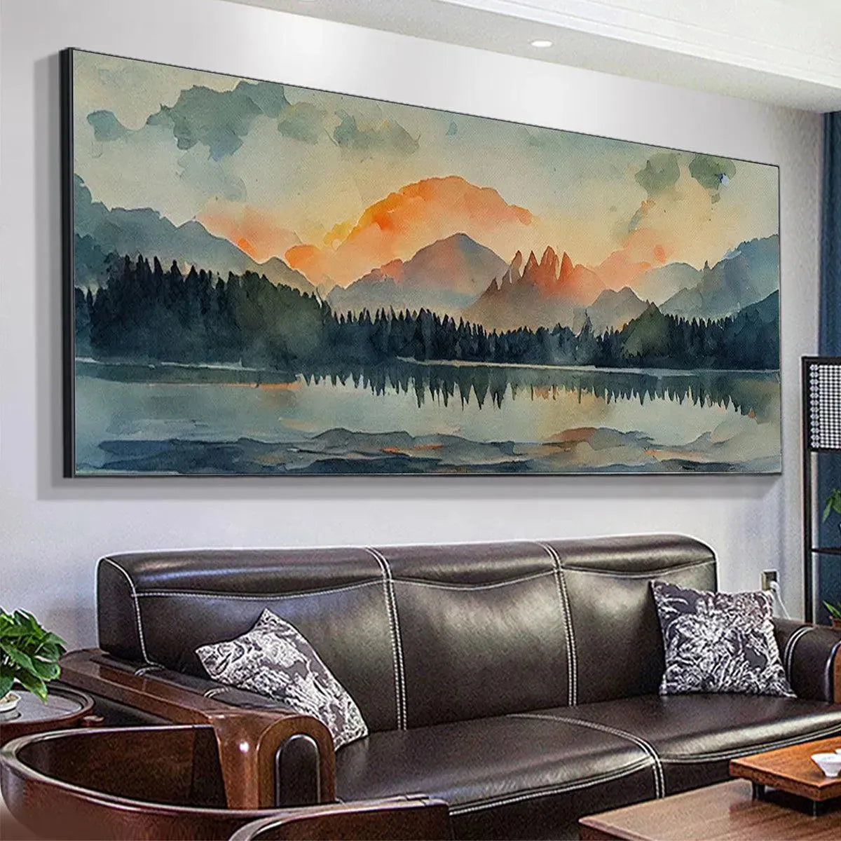SUNSET SERENITY PANORAMIC: Landscape Painting, Panoramic Wall Art, Watercolor Decor