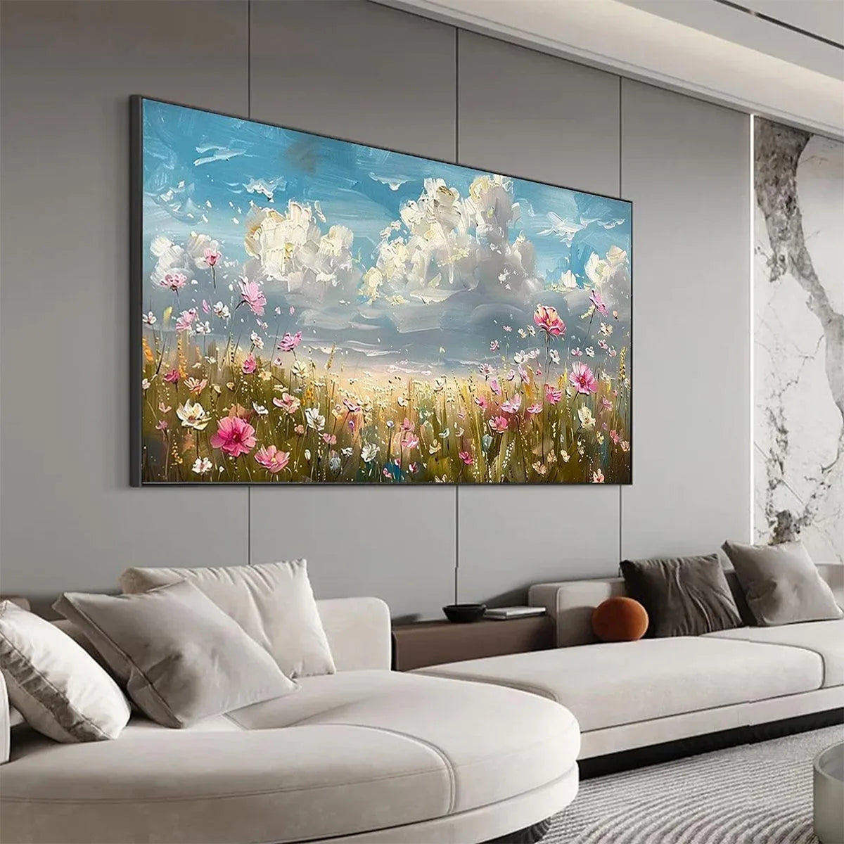 COSMOS FIELD: Textured Floral Landscape Painting, Impasto Wall Art, Horizontal Canvas, Wildflower Decor