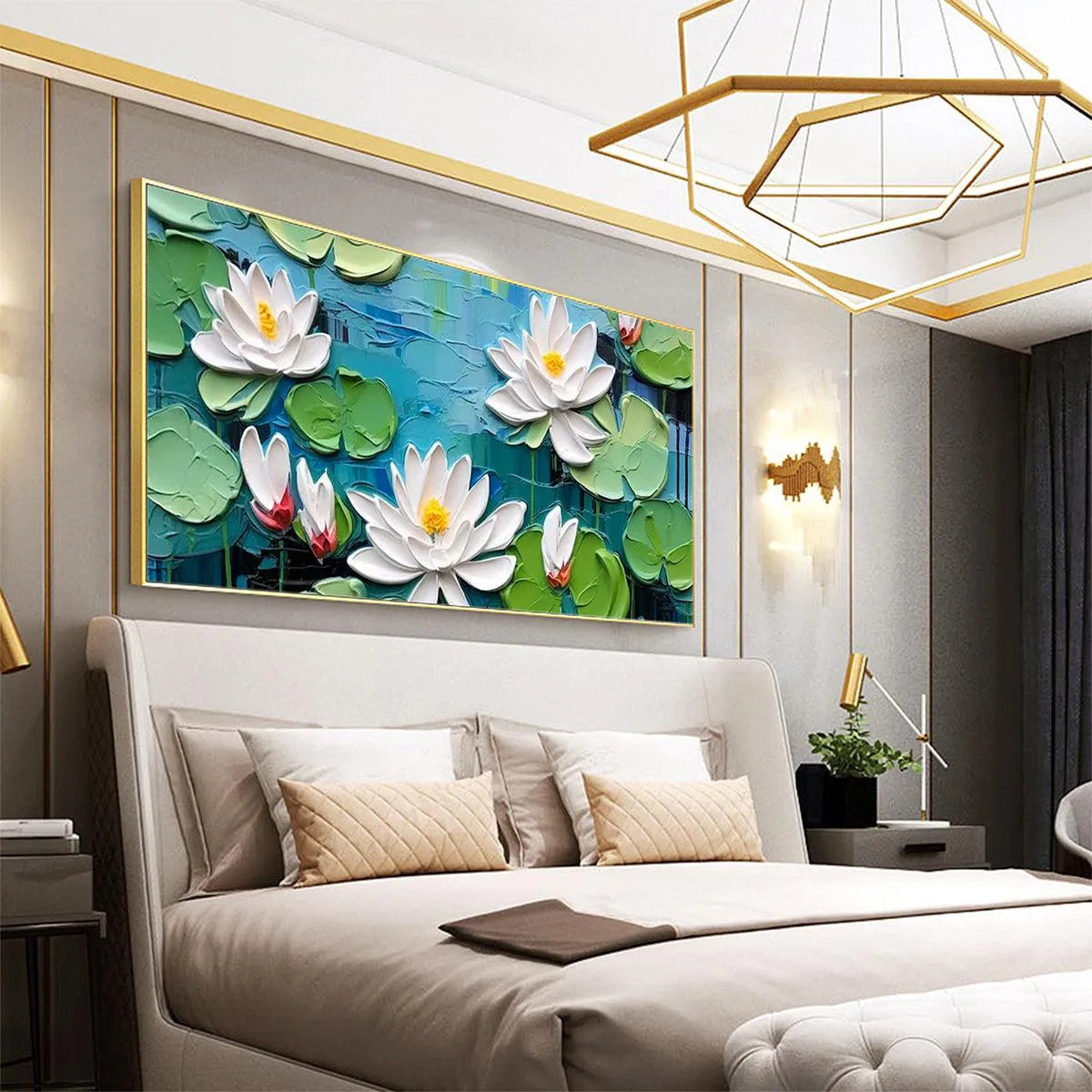 SERENE LOTUS POND: Textured Impasto Water Lilies Painting, Horizontal Wall Art