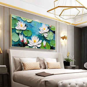 Serene Lotus Pond: Horizontal wall art by Isabella Rossi. Textured white water lilies and green lily pads.