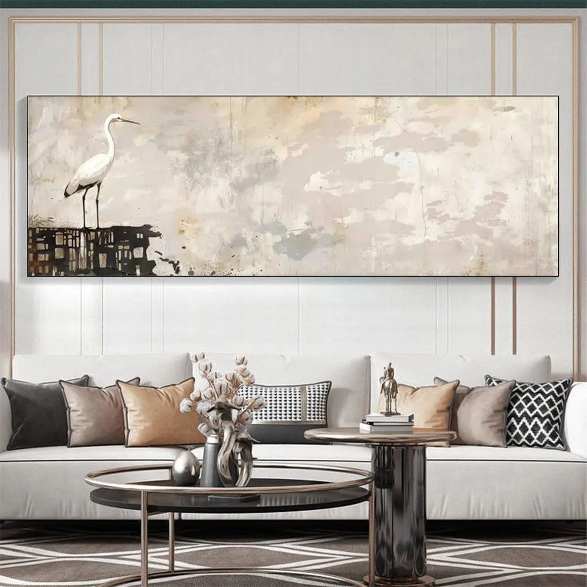 WHITE HERON PANORAMIC: Heron Painting, Panoramic Wall Art, Bird Art