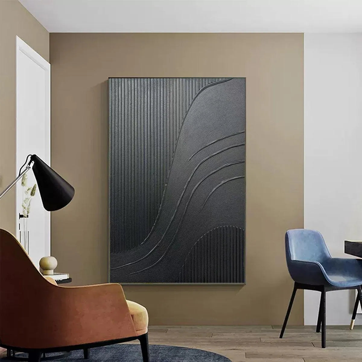 BLACK TEXTURED CURVES: Minimalist Textured Abstract Painting