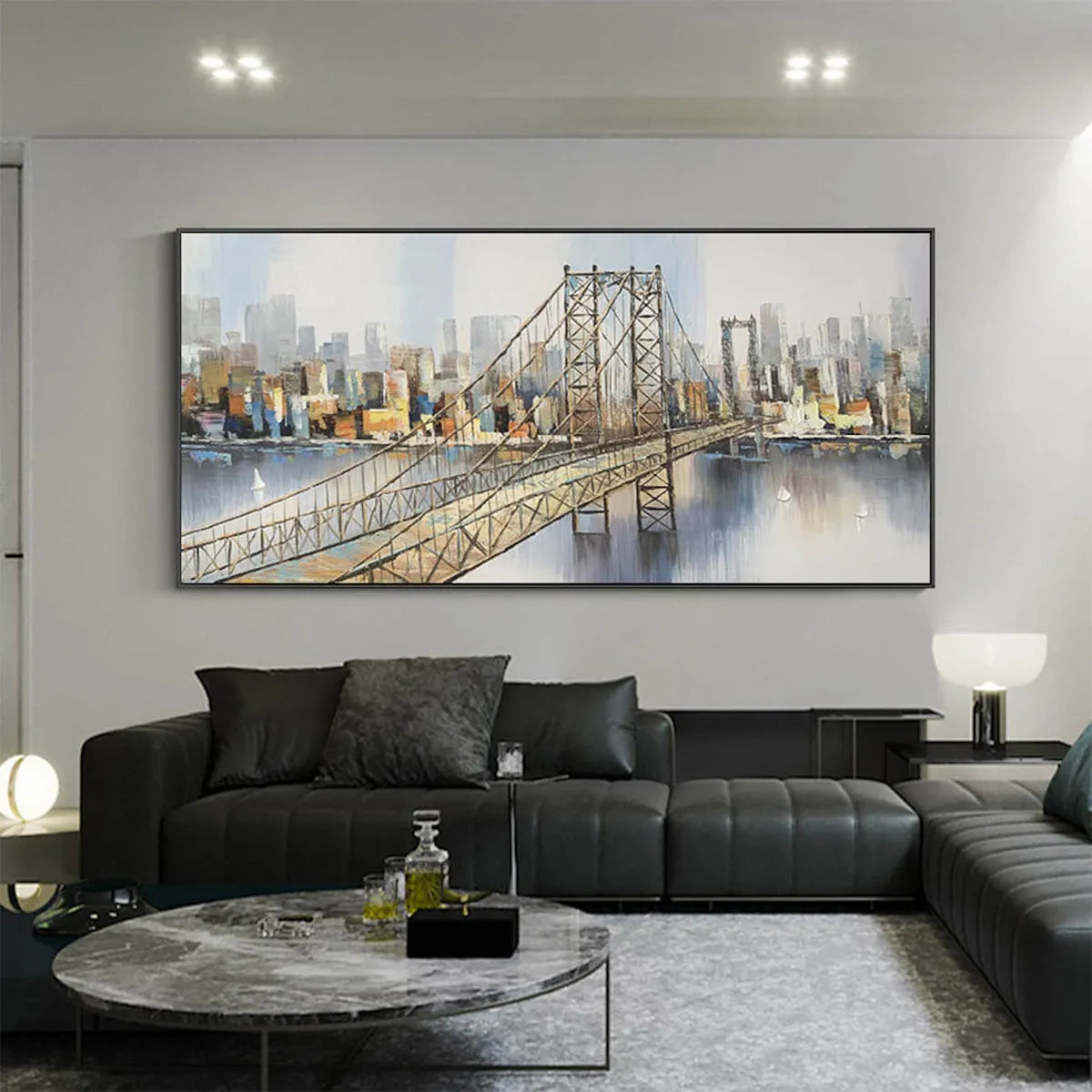 URBAN CONNECTIVITY: Panoramic Cityscape Oil Painting with Bridge