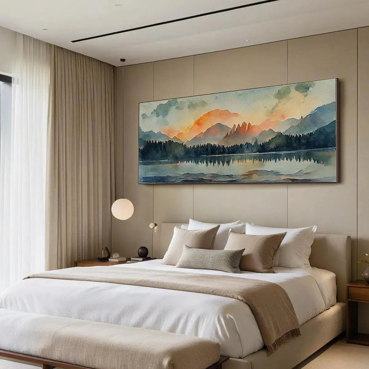 SUNSET SERENITY PANORAMIC: Landscape Painting, Panoramic Wall Art, Watercolor Decor