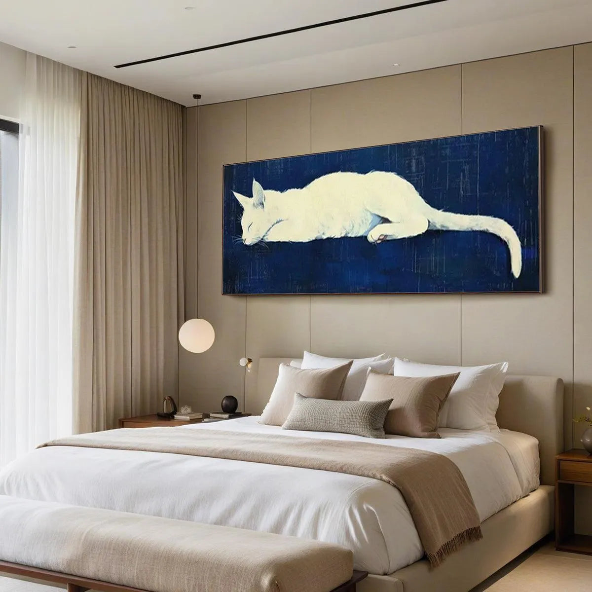 SLEEPING WHITE CAT PANORAMIC: Cat Painting, Panoramic Wall Art, Pet Portrait