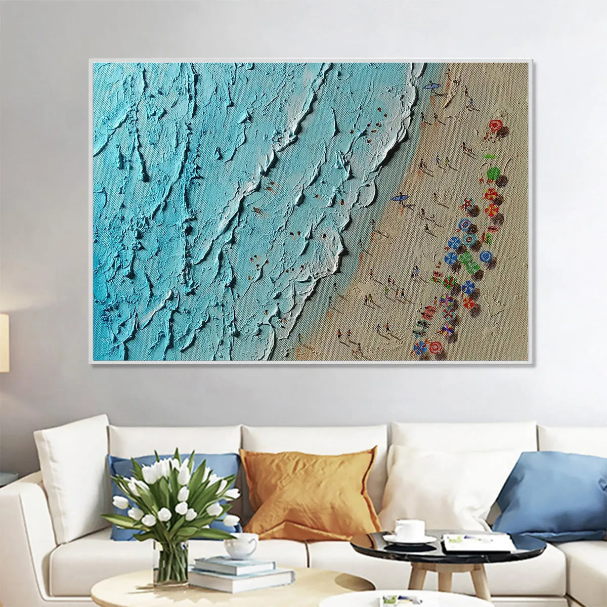 AERIAL VISTA: Impasto Beach Scene Oil Painting