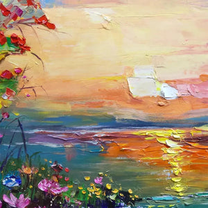 Vibrant impasto sunset painting: impressionistic landscape with rich orange, blue water, and textured flowers.