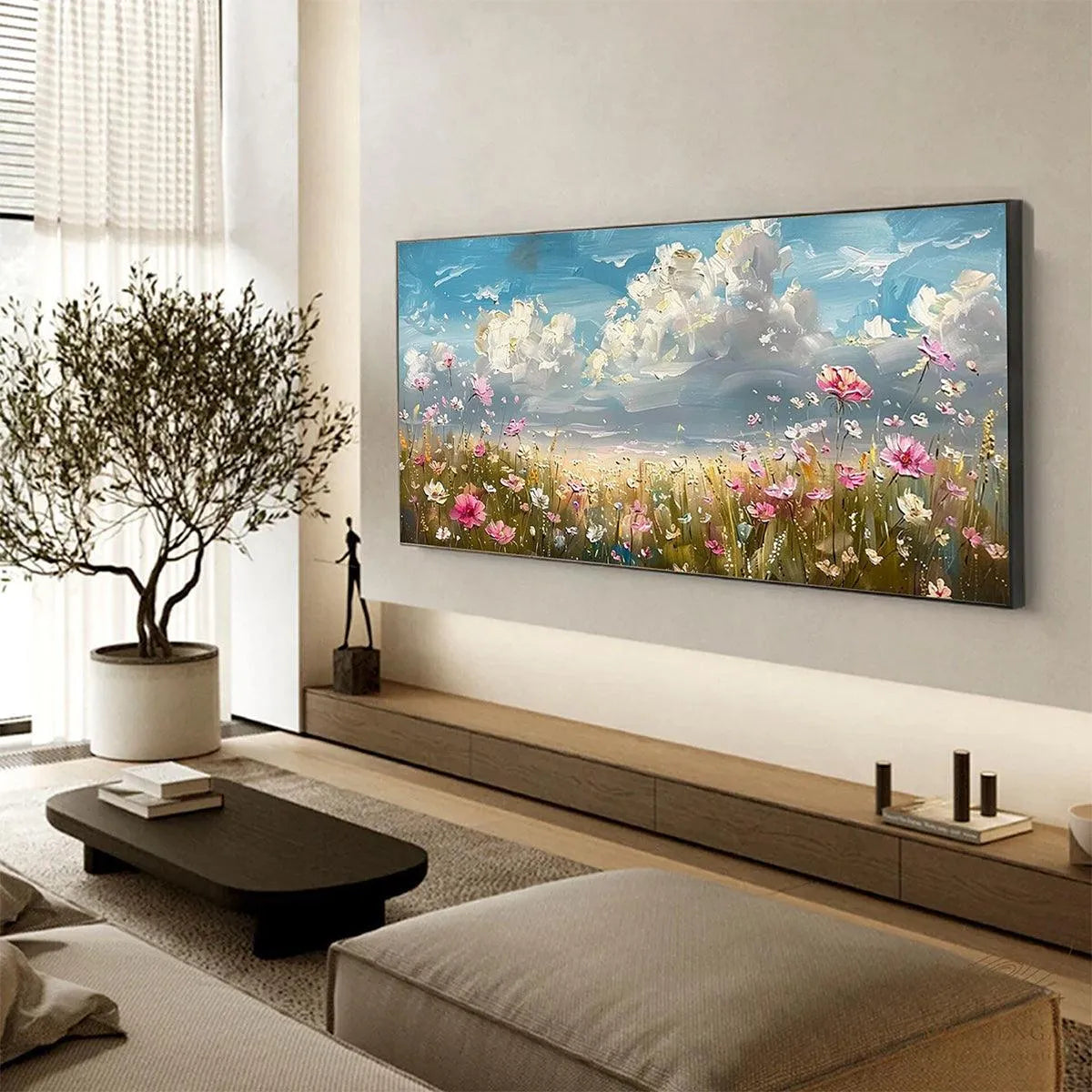 COSMOS FIELD: Textured Floral Landscape Painting, Impasto Wall Art, Horizontal Canvas, Wildflower Decor