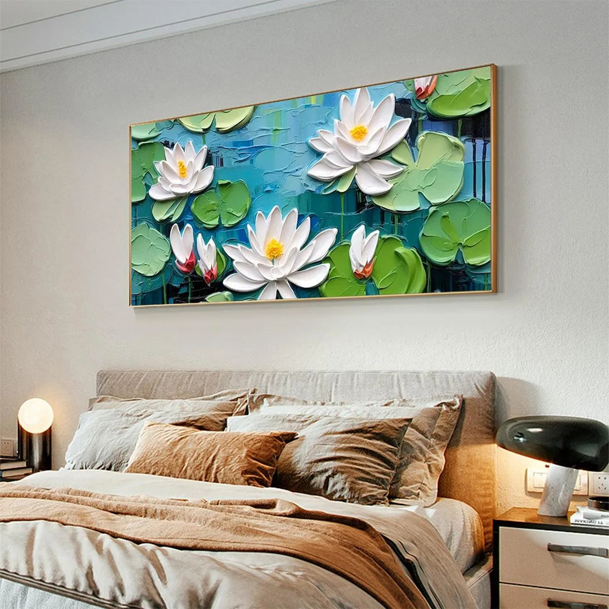 SERENE LOTUS POND: Textured Impasto Water Lilies Painting, Horizontal Wall Art