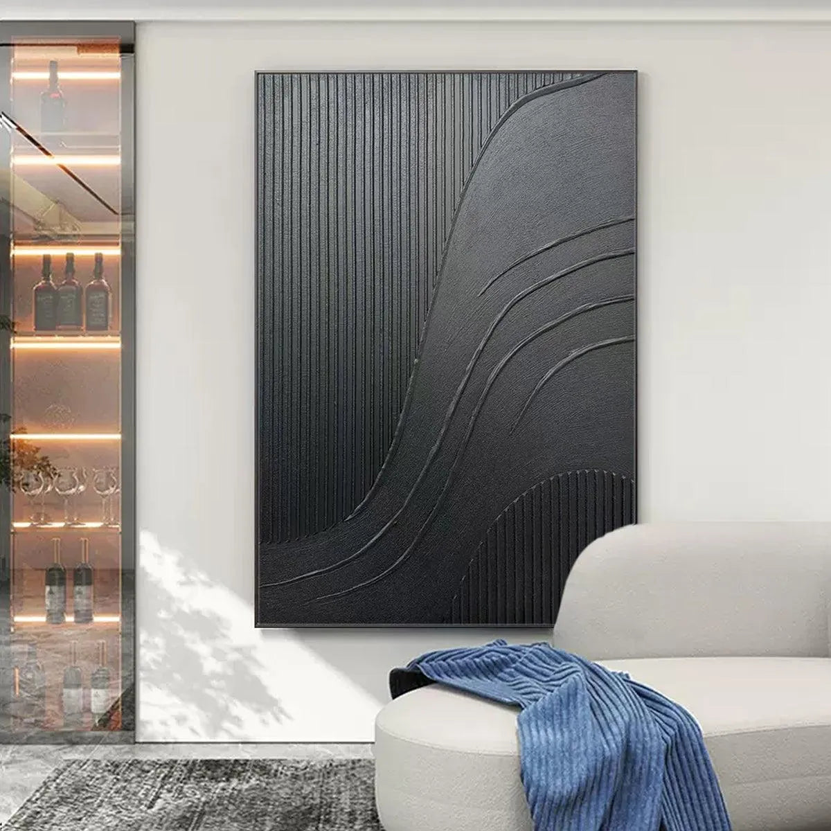 BLACK TEXTURED CURVES: Minimalist Textured Abstract Painting