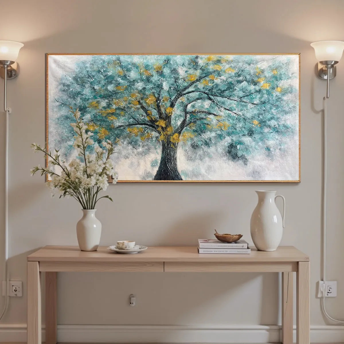 GOLDEN AUTUMN: Panoramic Tree Painting, Textured Wall Art, Blue, Gold, Living Room, Bedroom, Office