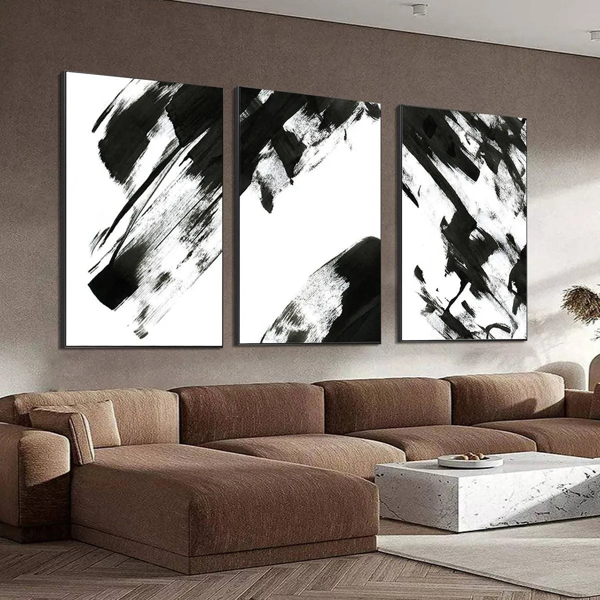 BLACK & WHITE ABSTRACT TRIPTYCH: Abstract Painting Set of 3, Vertical Wall Art