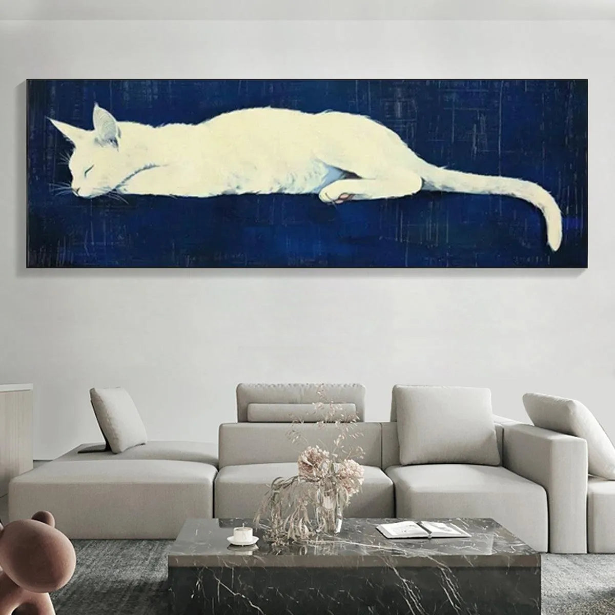 SLEEPING WHITE CAT PANORAMIC: Cat Painting, Panoramic Wall Art, Pet Portrait