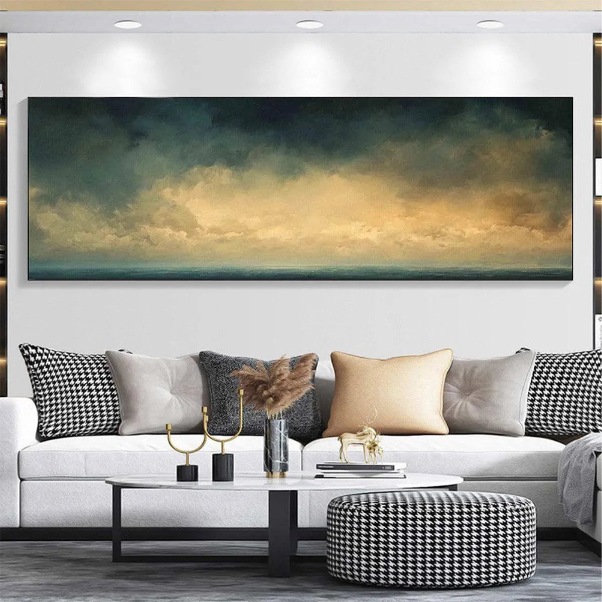 GOLDEN CLOUDS PANORAMIC: Seascape Painting, Panoramic Wall Art, Coastal Decor