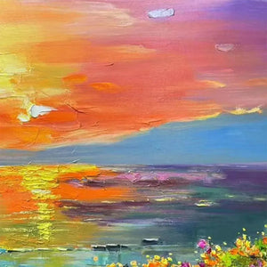 Isabella Rossi's vibrant textured watercolor sunset landscape: serene water, colorful sky, delicate foreground flowers.