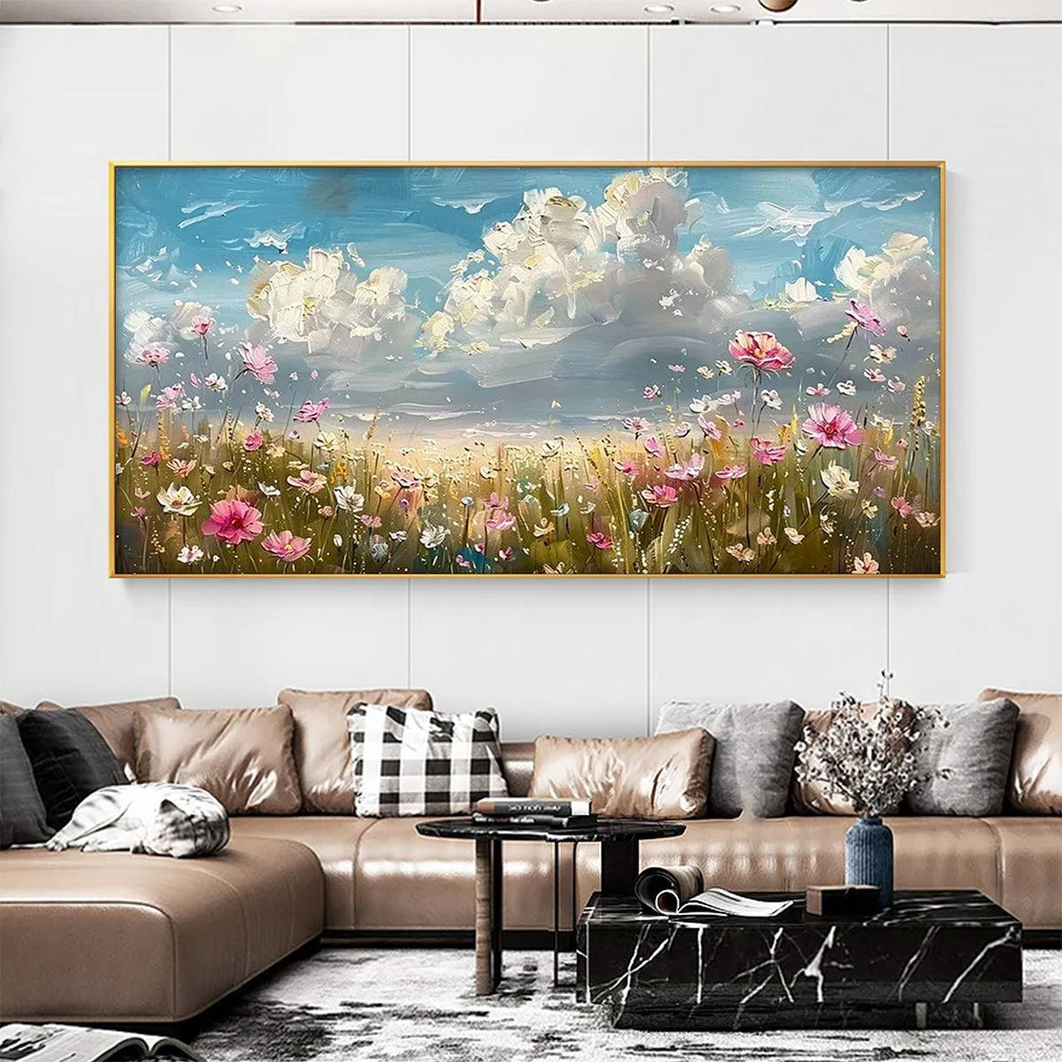 COSMOS FIELD: Textured Floral Landscape Painting, Impasto Wall Art, Horizontal Canvas, Wildflower Decor