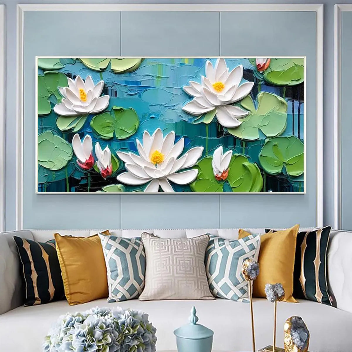 SERENE LOTUS POND: Textured Impasto Water Lilies Painting, Horizontal Wall Art