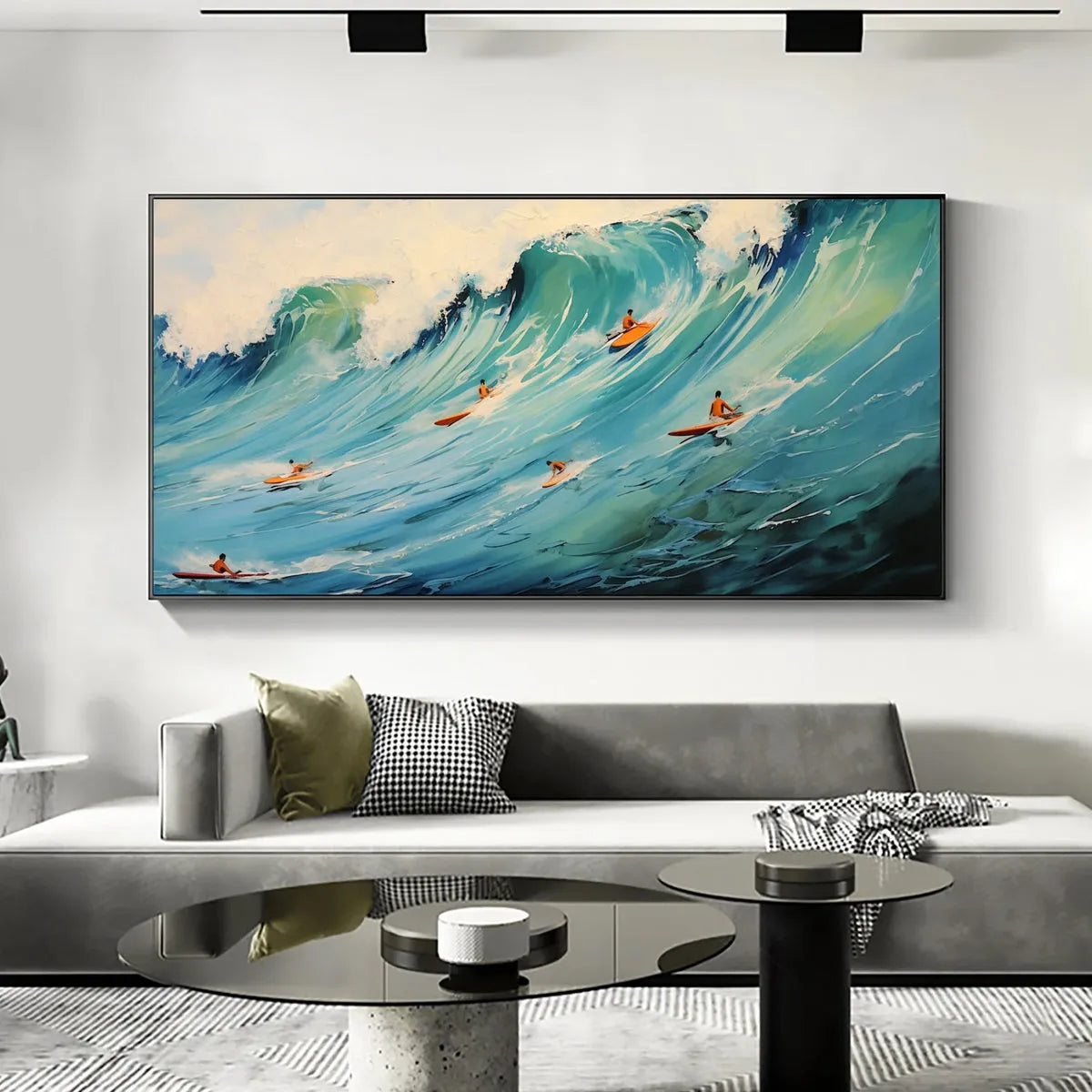 EPIC RIDE: Panoramic Ocean Painting of Surfers on a Majestic Wave