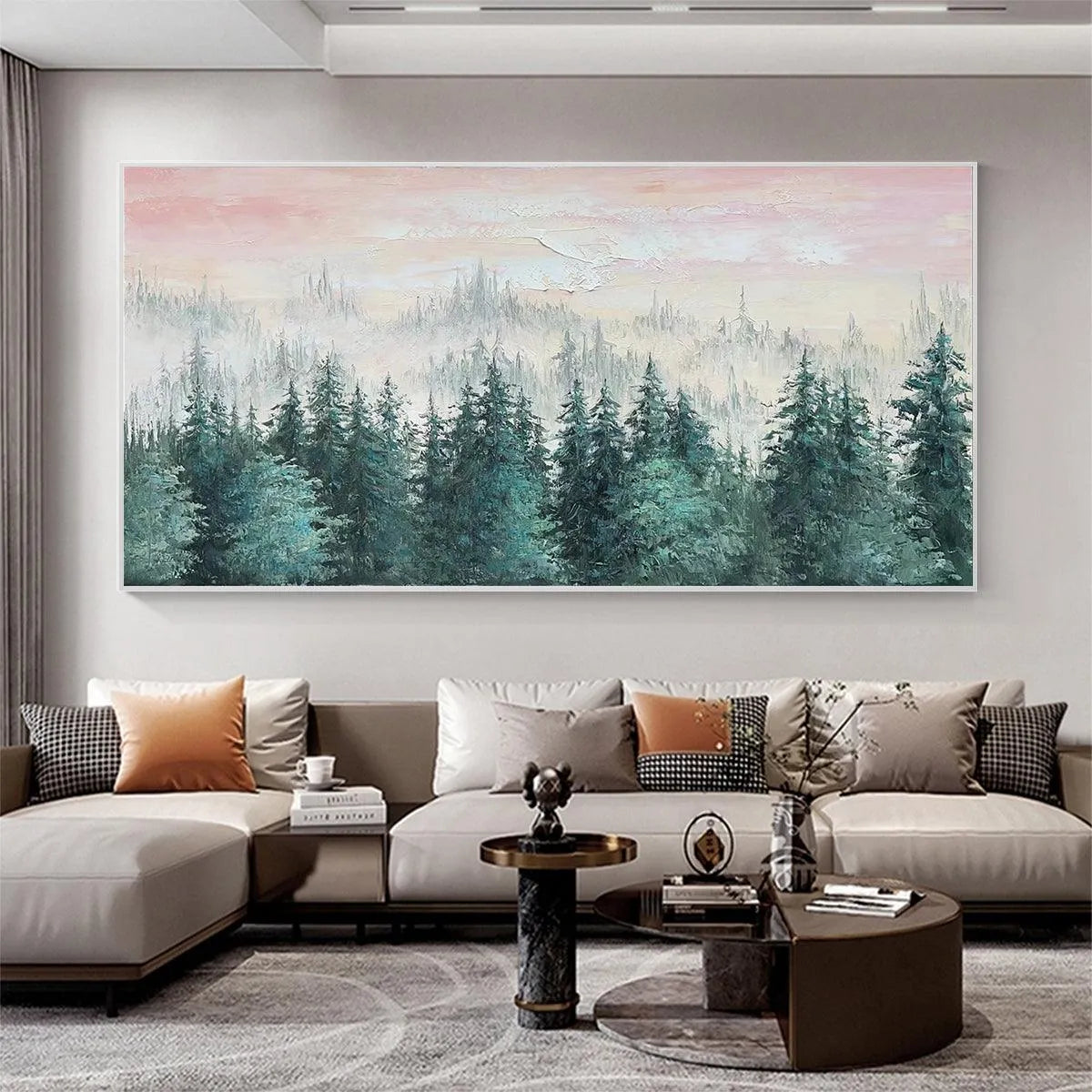 MISTY PINES: Panoramic Forest Landscape Painting, Misty Trees, Green