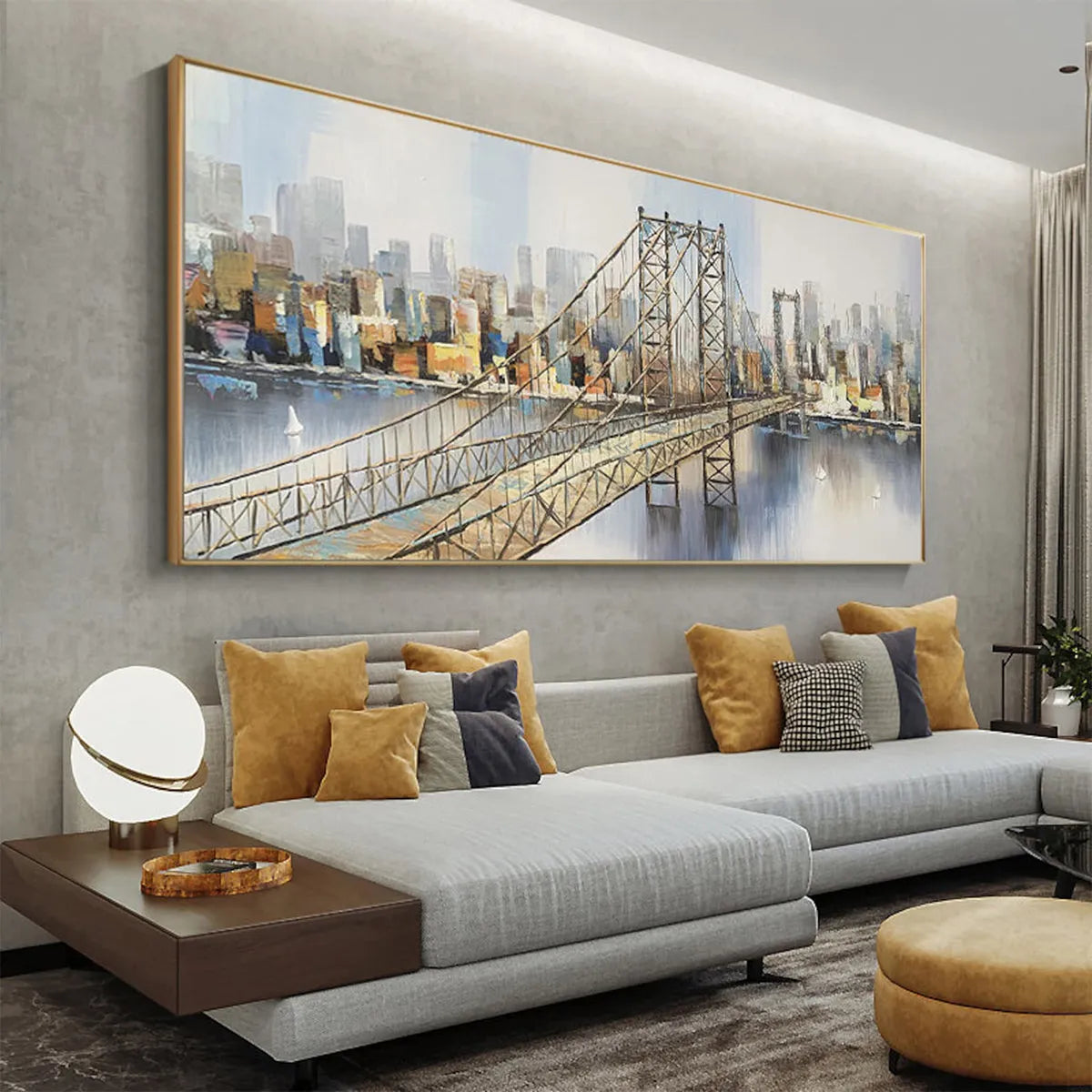 URBAN CONNECTIVITY: Panoramic Cityscape Oil Painting with Bridge