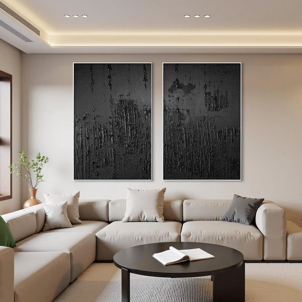 BLACK TEXTURED DIPTYCH: Textured Abstract Painting Set of 2, Vertical Wall Art