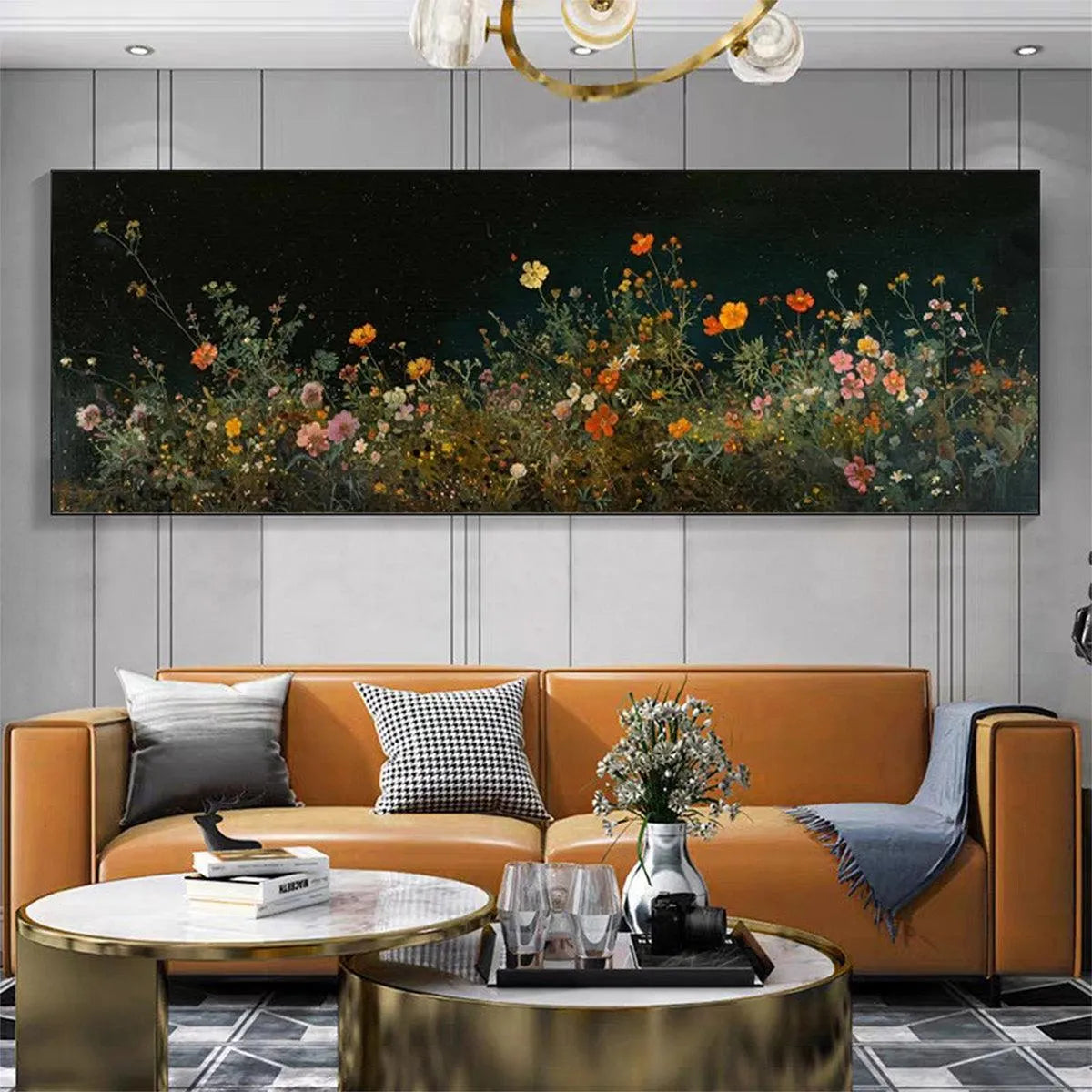 NIGHT GARDEN PANORAMIC: Wildflower Painting, Panoramic Wall Art, Dark Floral Decor