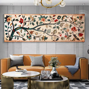 Vintage-inspired panoramic floral tapestry wall art with flowering branches in red, peach, and blue tones on cream background.
