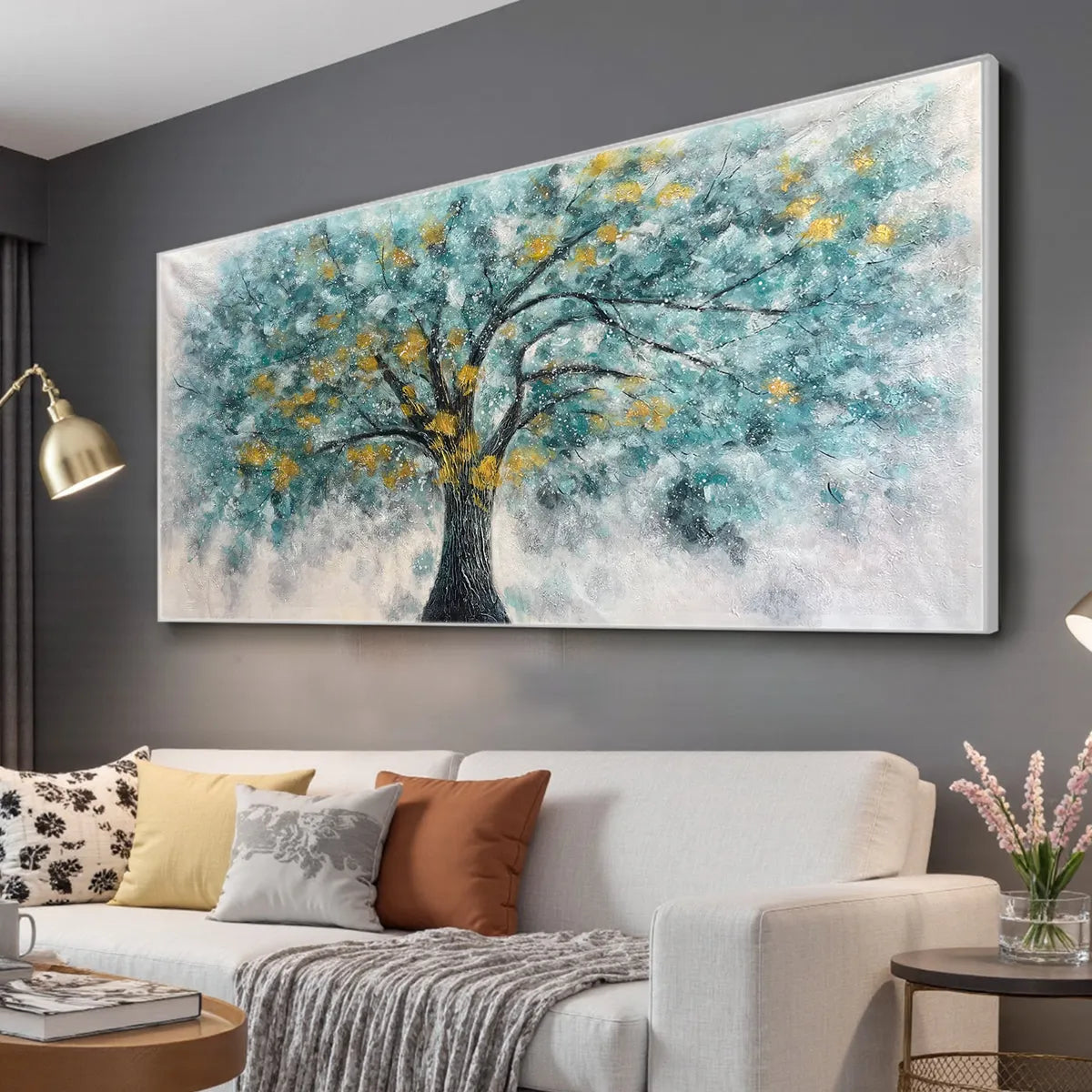 GOLDEN AUTUMN: Panoramic Tree Painting, Textured Wall Art, Blue, Gold, Living Room, Bedroom, Office