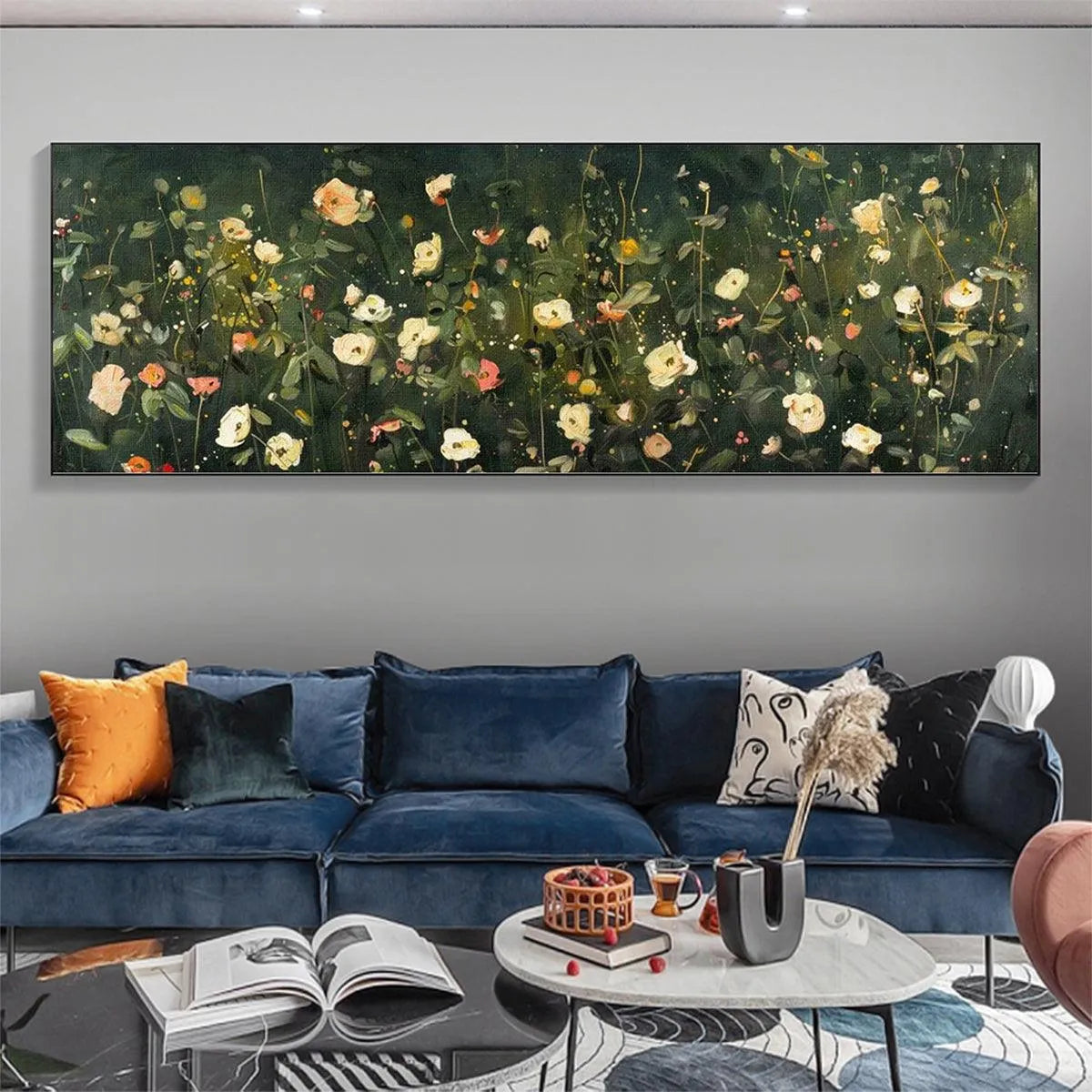 WHISPERING MEADOW PANORAMIC: Wildflower Painting, Panoramic Wall Art, Dark Floral Decor