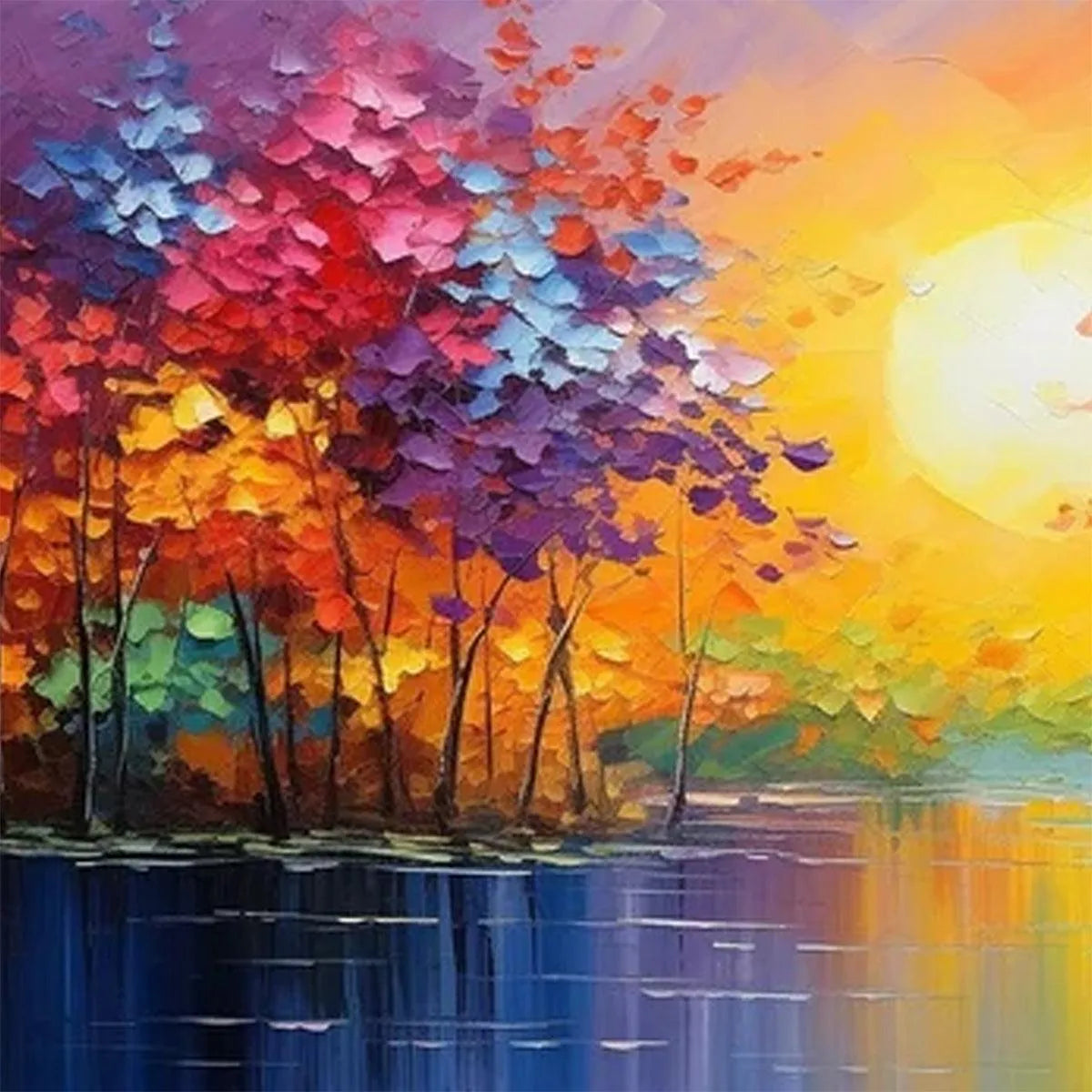 TWILIGHT REFLECTIONS: Colorful Landscape Painting of Trees by the Water