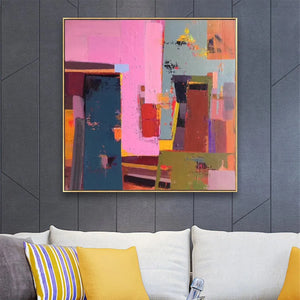 Urban Abstract Square Canvas - Vibrant Pink and Green City-Inspired Modern Wall Art in Gold Frame.