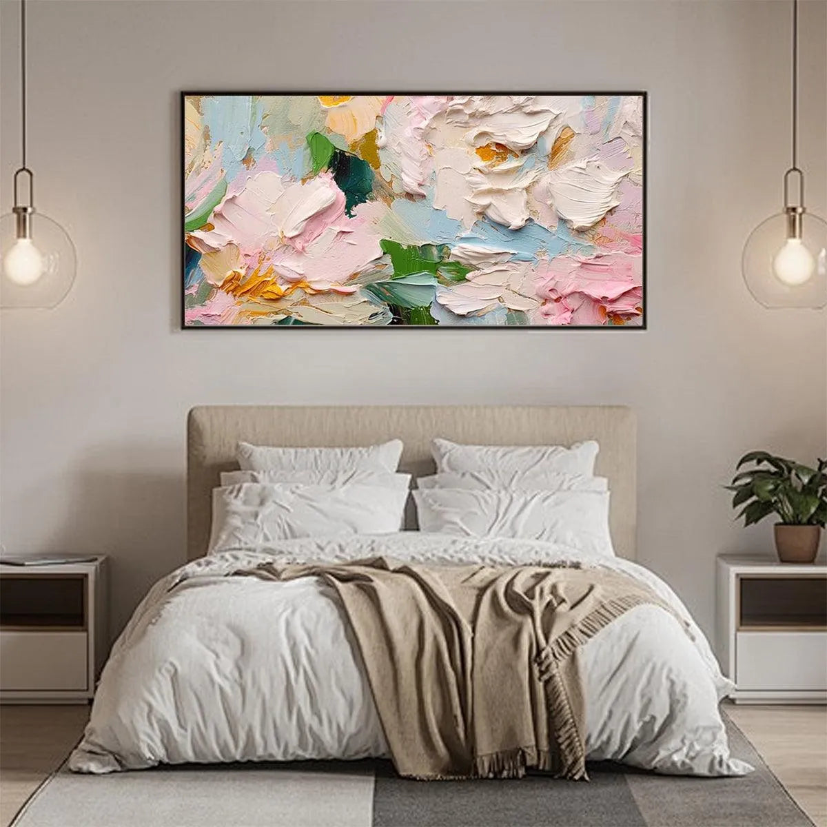 SPRING BOUQUET: Textured Floral Painting, Pastel Wall Art, Panoramic Canvas, Impasto Decor